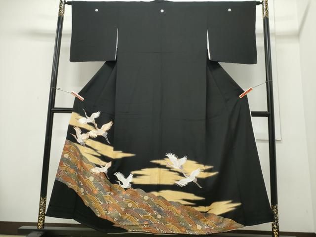 平和屋着物□豪華黒留袖 駒刺繍 立波飛鶴花文 金彩 逸品