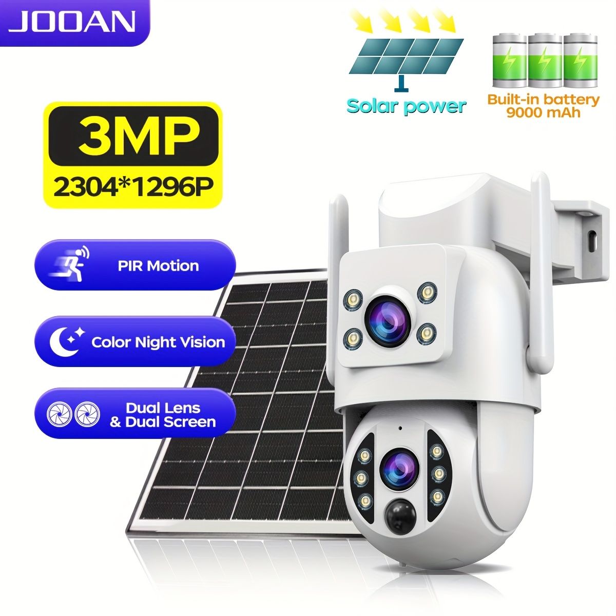 JOOAN 3MP ソーラー セキュリティ カメラ ワイヤレス パン タイト 360° ビュー バッテリー駆動 2-Way Talk デュアル PTZ WiFi 監視 クラウド|SD ストレージ ナイト ビジョン スポットライト|サイレン|モーション