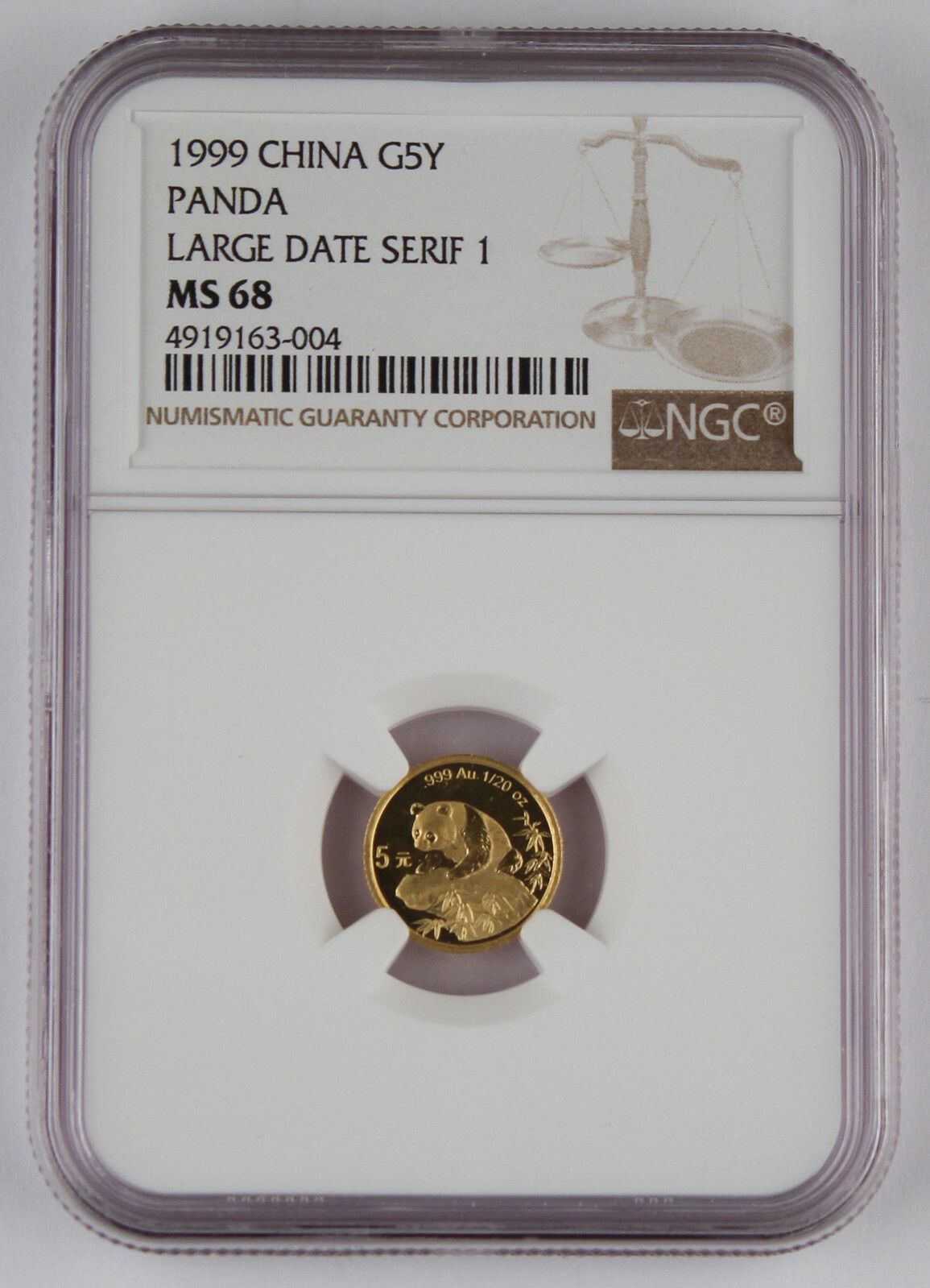 1999 China 5 Yuan 1|20 oz 999 G Panda coin NGC MS 68 Large Date Serif 1 KEY