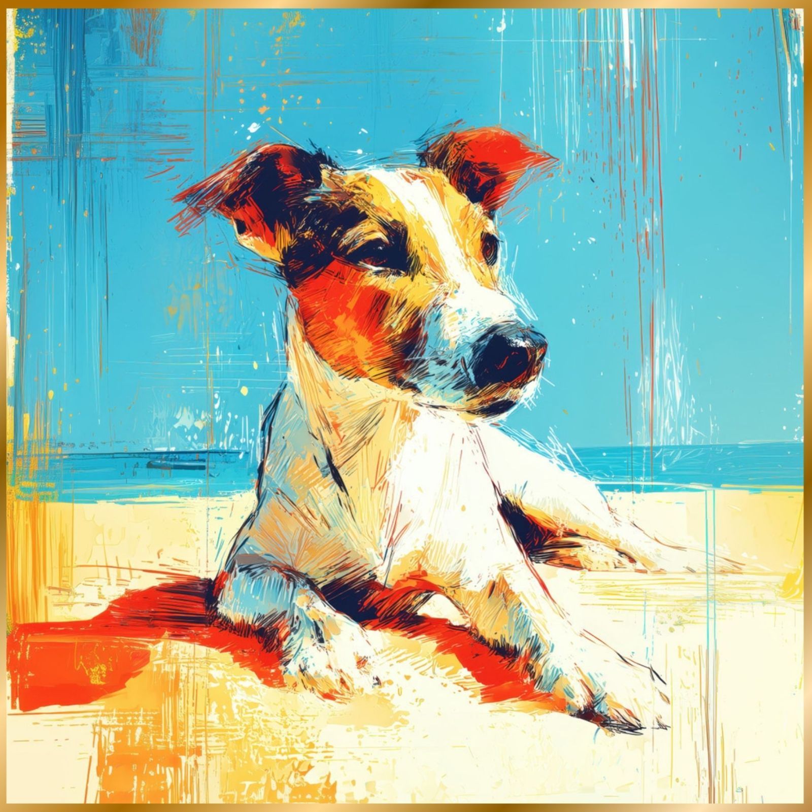 ジャックラッセルテリア犬とビーチのスケッチ No.1 海 犬の絵 犬のイラスト おしゃれ ミニマリスト ミニマリズム シンプル インテリアアート ペットロス うちの子 記念日 アートポスター ギフト プレゼント