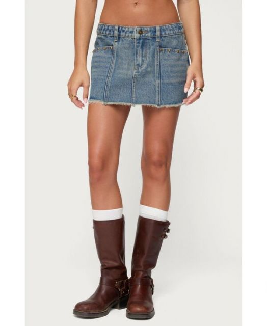 送料無料 アディクテッド レディース スカート ボトムス Women s Keiko Studded Denim Mini Skirt Blue