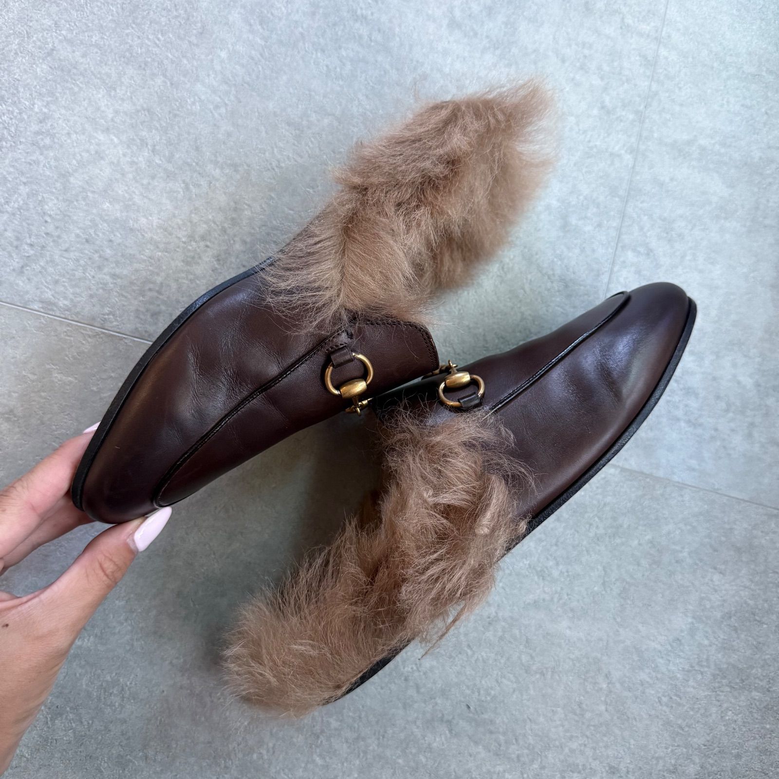 極美品　グッチ　ローファー　スリッポン　シマ柄　GG ブラウン　本革　1950 美品 GUCCI グッチ ホースビットローファー プリンスタウン ファー