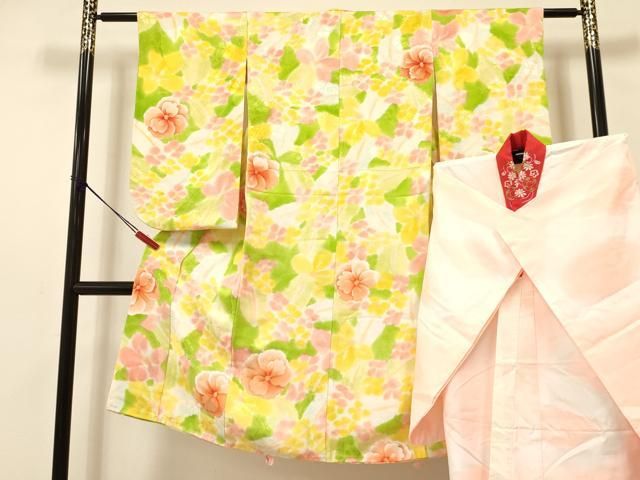 平和屋着物[]七五三　女の子　７歳　祝着　四つ身　襦袢(袷・半衿刺繍)セット　地紋起こし　舞花文　暈し染め　逸品　DAAS9160ma