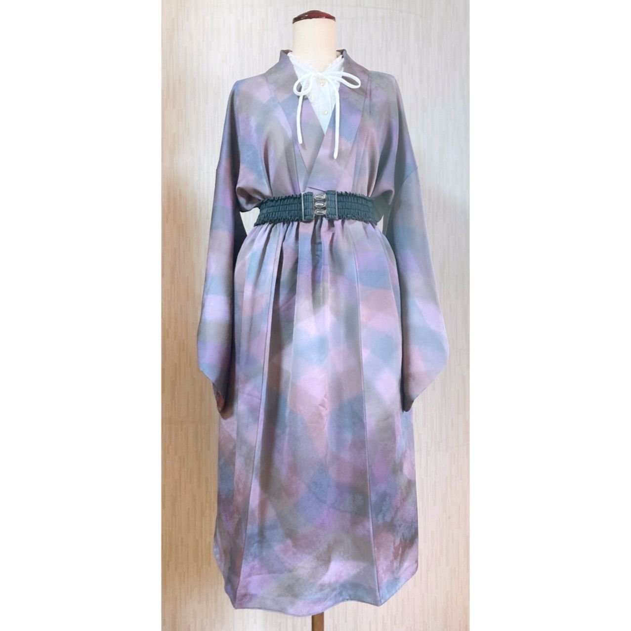 展示品 ◇着物リメイク◇ セットアップ 桜色ベルト付き 紫 1点もの 