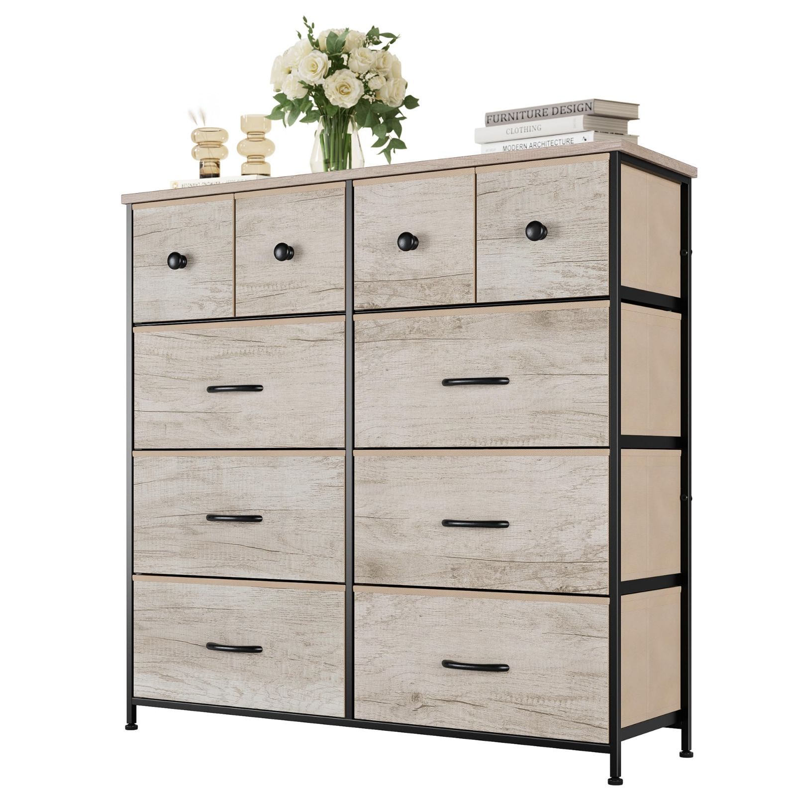 4段10杯 大容量 洋服タンス 衣類収納 転倒防止 収納 安定感 リビング 布製 収納チェスト 引き出し タンス たんす100*29.8*98cm Nicehill ライトウッドグレイン