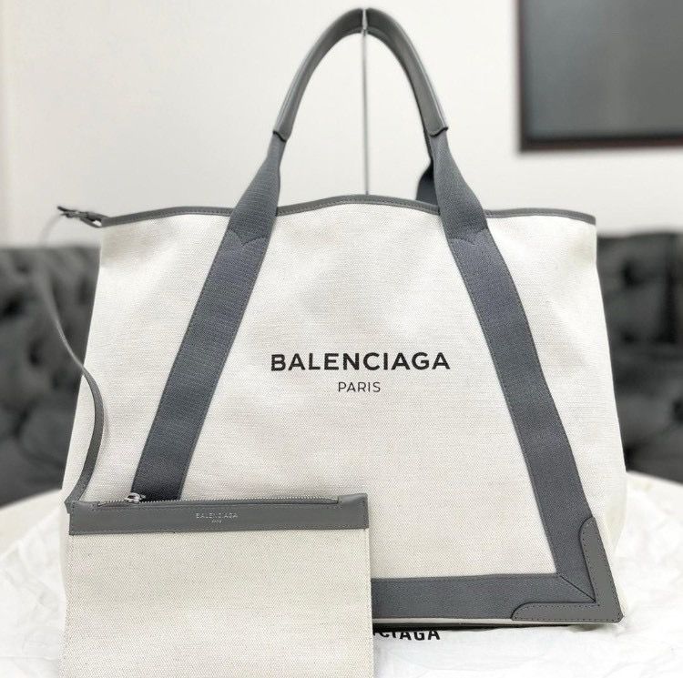 バレンシアガ ネイビーカバスM キャンバス 白×グレー トートバッグ