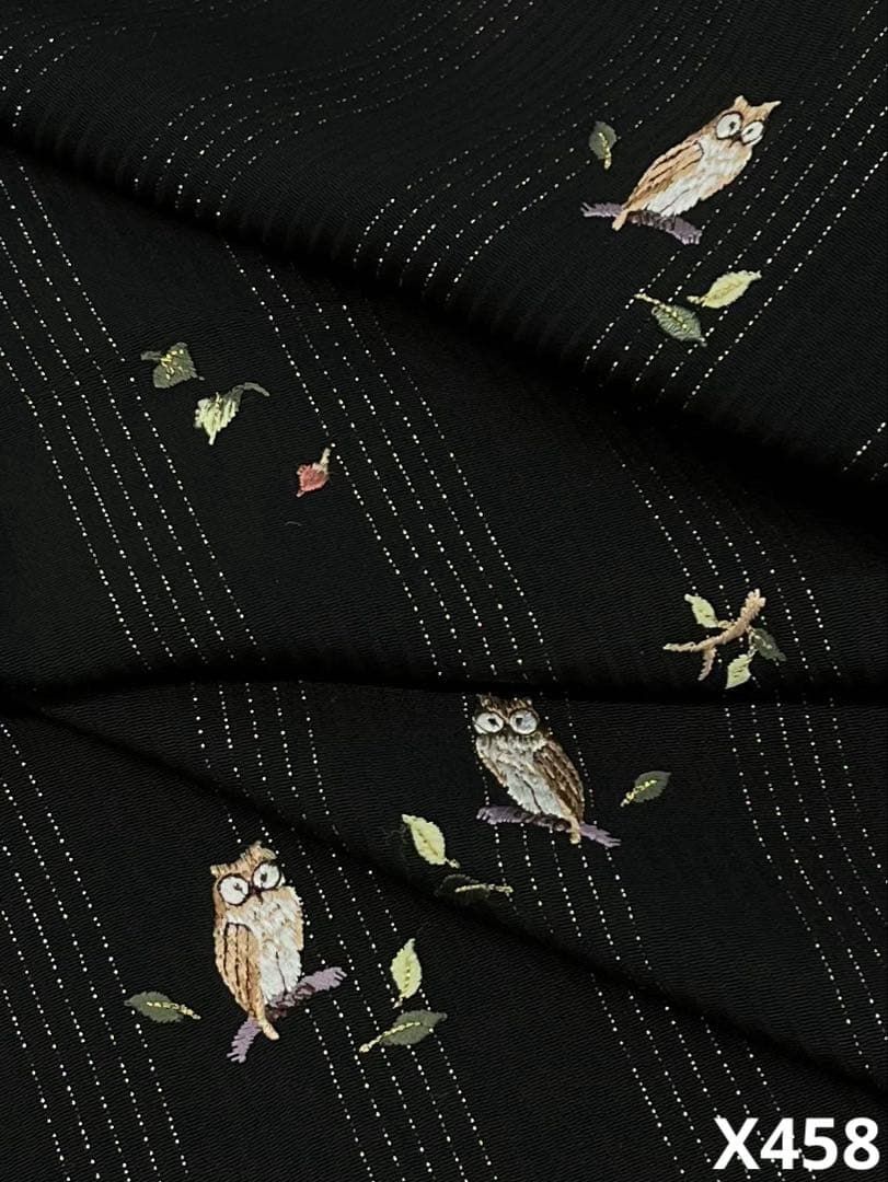 小紋 梟 刺繍 銀通し 飛び柄 正絹 黒地 ガード加工済