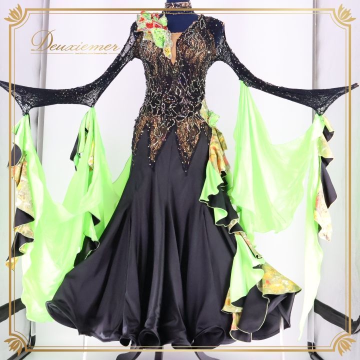 社交ダンス 衣装 ドレス ワンピース フロート デモ 競技 ブラック系 グリーン系 感 上品 レース 透け感 ドレスアップ モダン スカート パーティー コスチューム 舞台衣装 エレガント 光沢感女性用 競技用