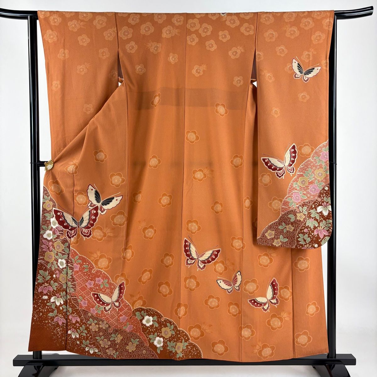 振袖 身丈157cm 裄丈63cm S 袷 蝶 梅 金彩 オレンジ 正絹 秀品