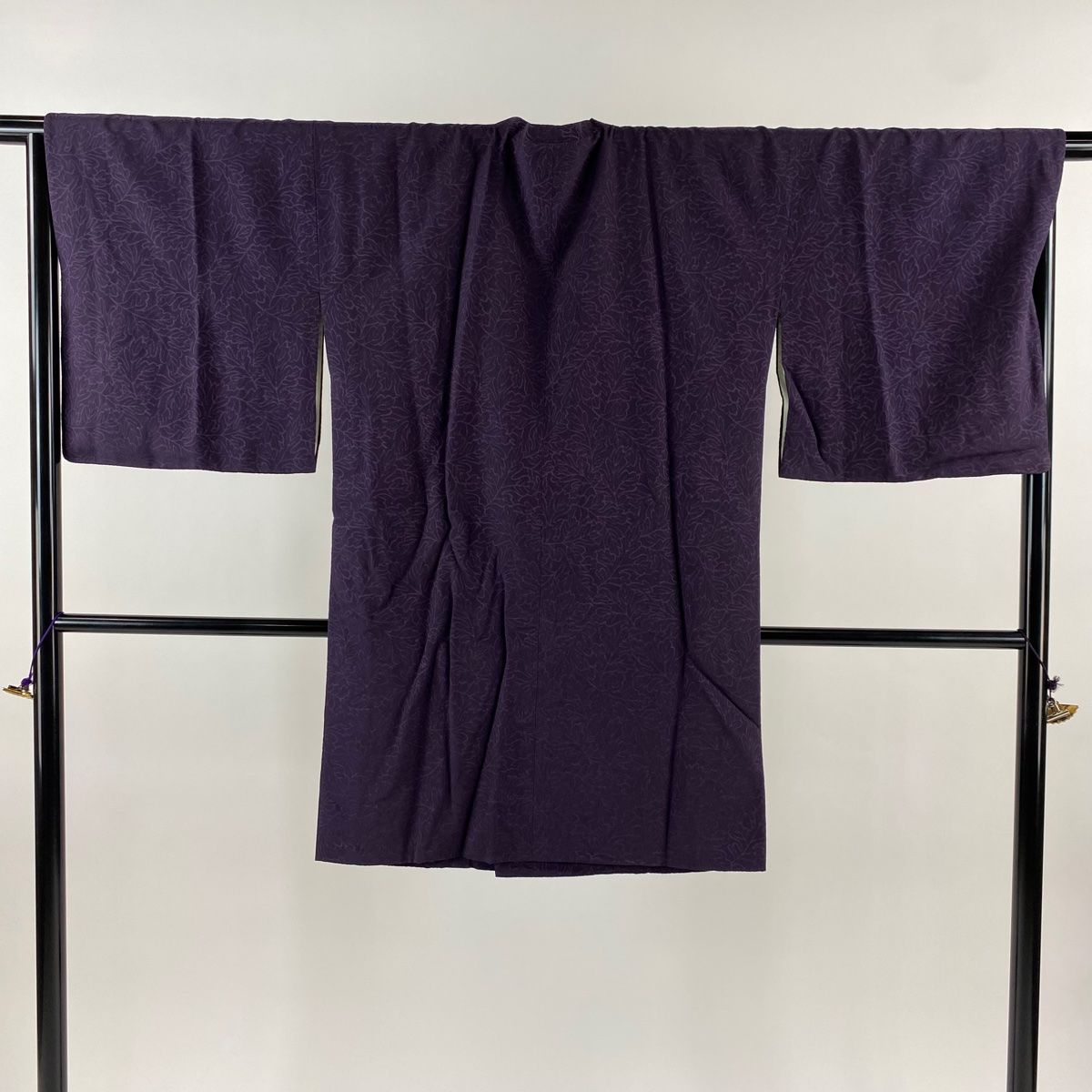 道行 身丈97cm 裄丈68.5cm L 和装コート 角衿 葉柄 ビロード風 濃紫 正絹 名品