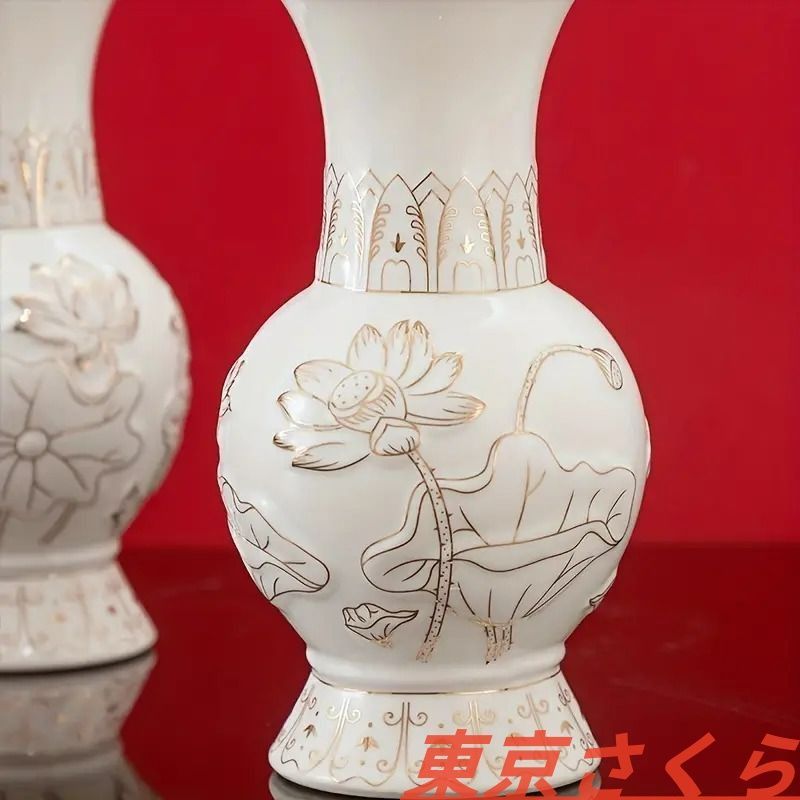 新品花瓶 花 レリーフ フラワーベース 蓮 ゴールド 金 白
