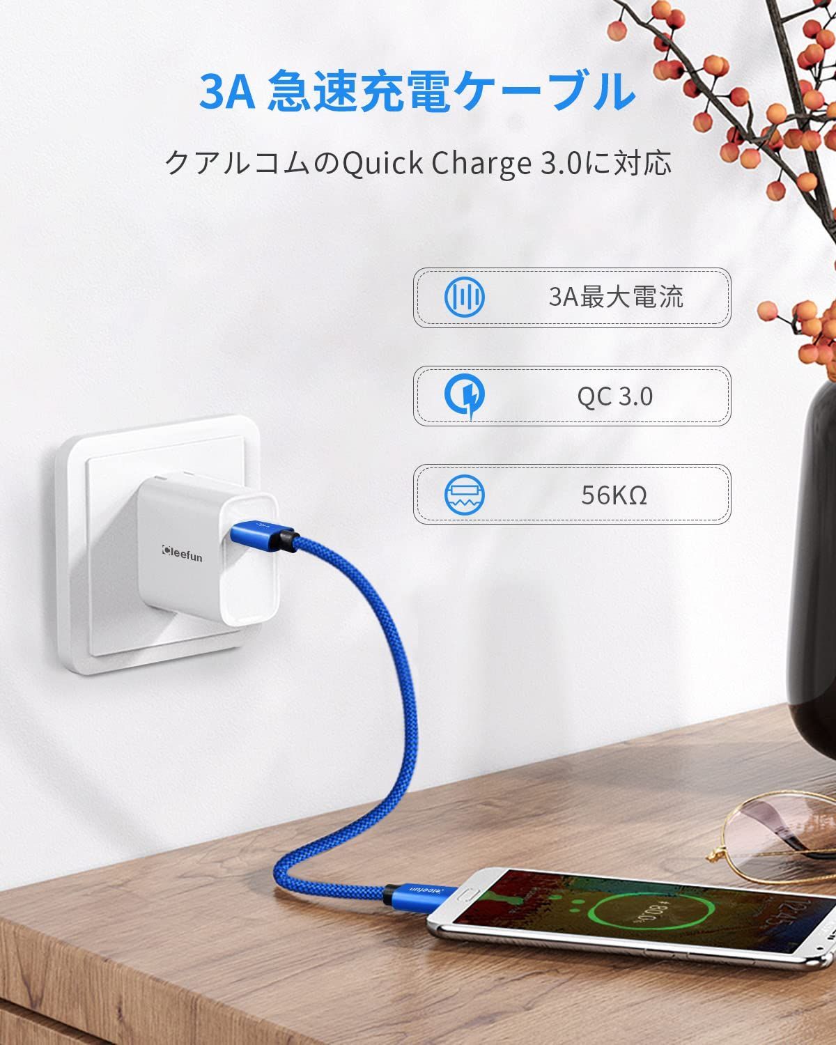 USB Type C ケーブルCLEEFUN QC3.0対応 3A急速充電 タイプ C ケ