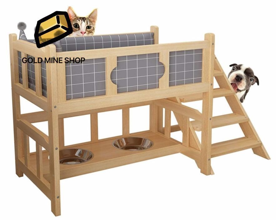 ペットベッド 木製大型犬ベッドペットフィーダー屋内屋外小型中型犬小屋用の取り外し なクッション|ステップ付きペットを育てます 犬用