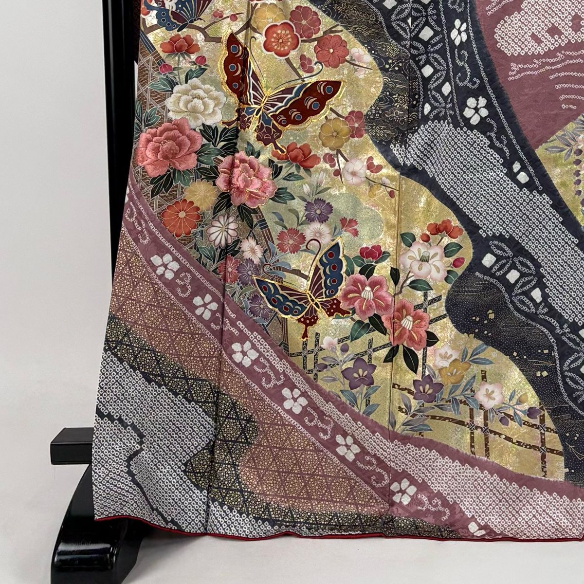 振袖 身丈169cm 裄丈67.5cm L 袷 牡丹 蝶 絞り 刺繍 紫 正絹
