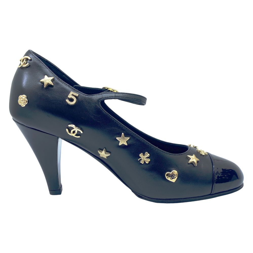 未使用】CHANEL シャネル パンプス ロゴ スタッズ レザー 黒 G45137  