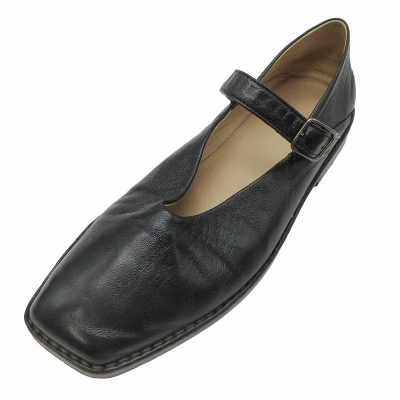 美品 23SS ルメール LEMAIRE BALLERINA SHOES バレリーナ シューズ バブーシュ 靴 ストラップ SHINY NAPPA LEATHER ナッパーレザー メリージェーン フラット スクエアトゥ サイズ42 27.0cm 黒 ブラック