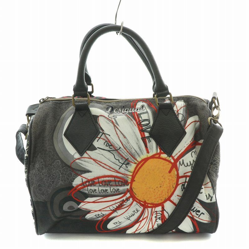 デシグアル Desigual 2WAY ミニボストンバッグ ハンドバッグ ショルダーバッグ キャンバス 総柄 ロゴ 刺繍 黒 ブラック グレー /BB ■OF