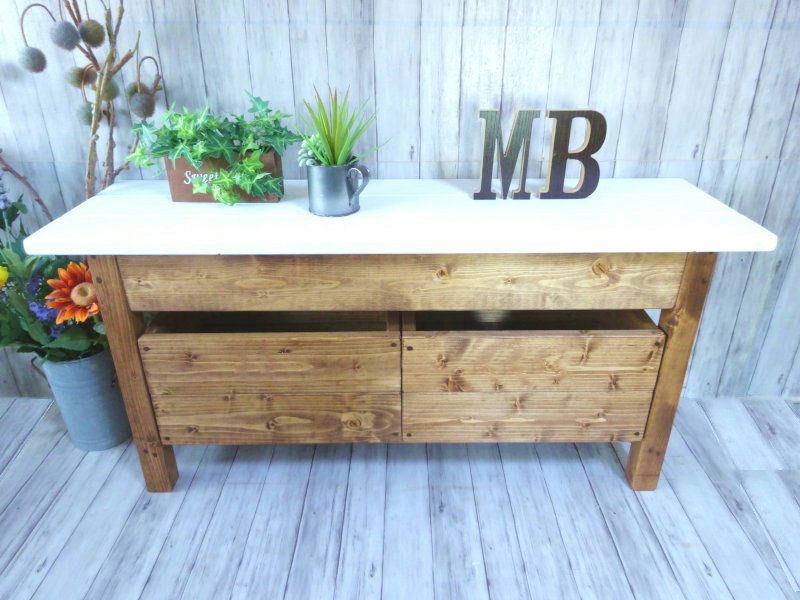 ハンドメイド 2人掛けベンチ 収納ボックス ホワイト✕チーク色