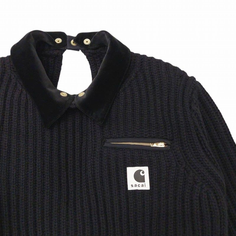 サカイ × カーハート 美品 23AW Detroit Ribbed Sweater ベロア衿付 バックオープン ニット セーター ロゴ 長袖 4 黒 サカイ sacai × カーハート Carhartt WIP 美品 23AW Detroit