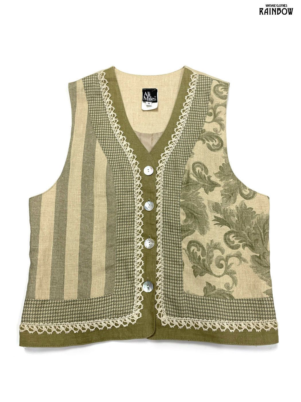 古着 Ali Miles アメリカ製 レース シェルボタン 総柄 リネン100％ ノースリーブ ベスト ベージュ ttu2510014