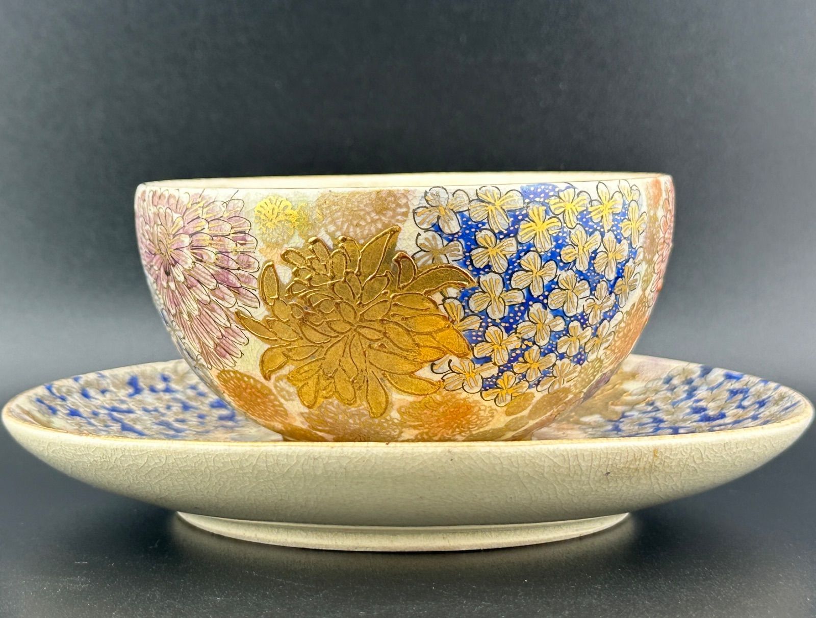 希少】明治期 京薩摩 薩摩焼 カップ＆ソーサー 金光山銘入り 百花繚乱