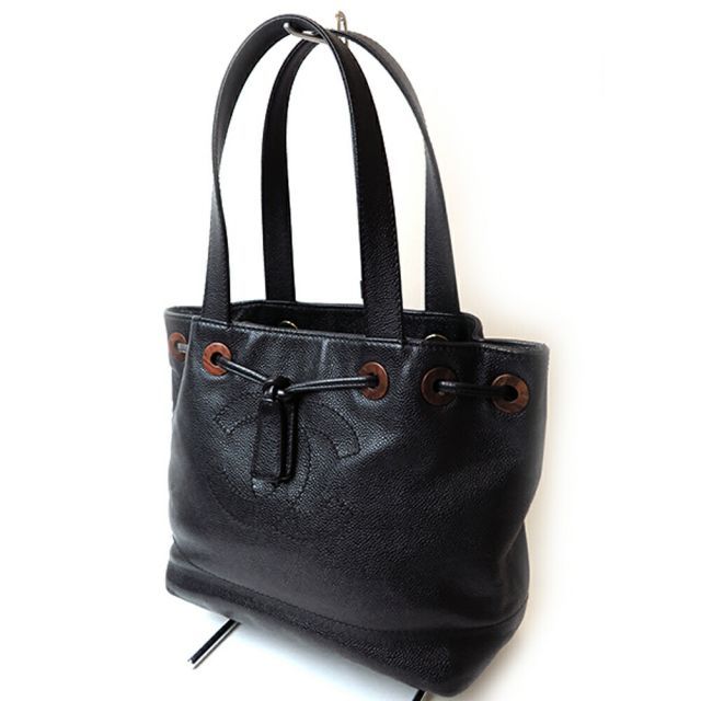 【フォローで5%割引クーポン配布！！】 シャネル ココマーク CHANEL キャビアスキン トート 木目調 巾着 ショルダー キャンパス A-ランク ブラック 黒 レディース メンズ【中古】【送料無料】