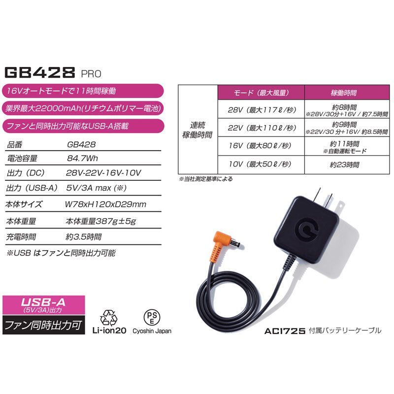最新 モデル 長信ジャパン GB428 GF1 リチウム イオン バッテリー ファン ユニット セット 作業服 28V バッテリー ファン 扇風機 冷却 ファン付きウェア用 Cyoshin Japan 空調服 WWW_KANDAIZUMI_COM