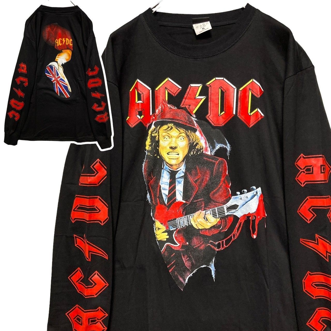 エーシーディーシー ACDC 黒 長袖 Tシャツ ロンT バンド ロングスリーブ デザイン 袖 両面 プリント 派手 奇抜 古着 ビンテージ vintage ロック パンク メタル ヒップホップ ラッパー アーティスト 7部袖 カットソー 