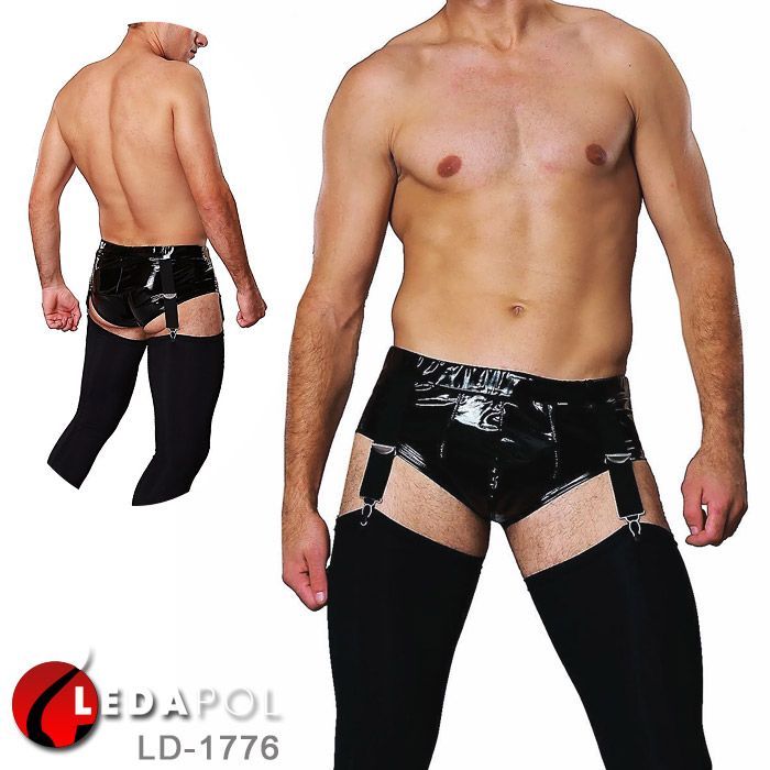 ガーターベルト 男性用 メンズ 下着セット ショーツセット 短パン 一体型 エナメル 光沢PVC黒ブラック クリップ 留め具 セクシー過激ボンテージ エッチ 衣装 コスプレ ハロウィン 仮装 イベント 小さいサイズSM大きいサイズL 2