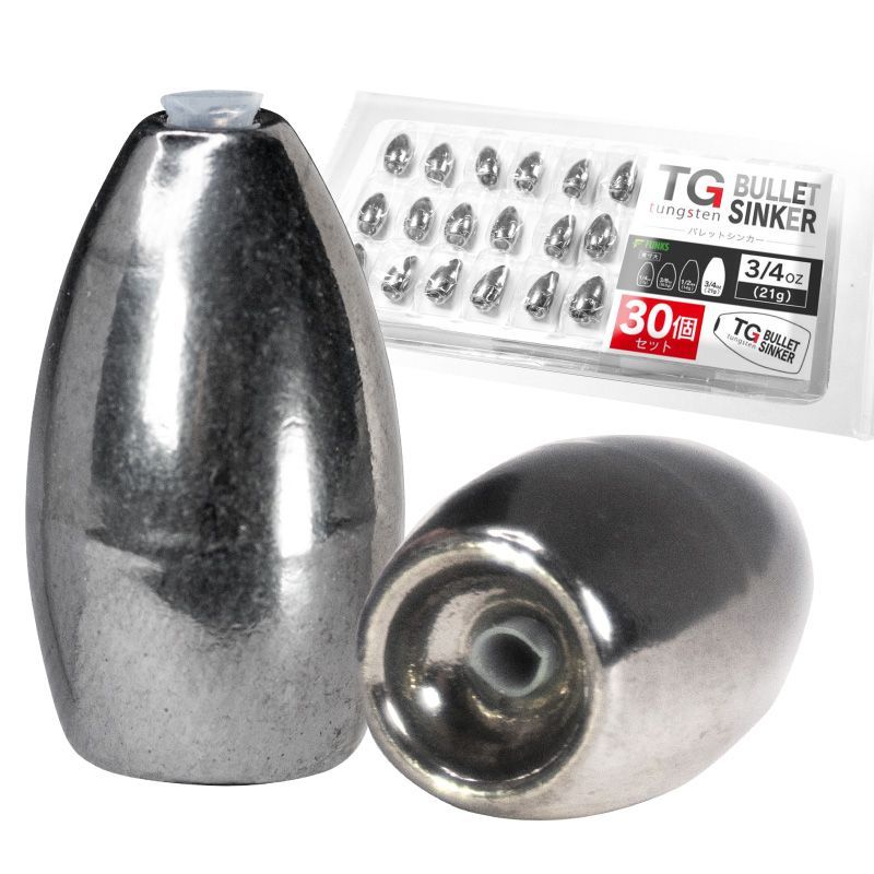 30個セット タングステン バレットシンカー TG シンカー 3|4oz 21g セット 中通しオモリ バレット タイラバ ヘッド タイラバヘッド 高比重 保護チューブ入り ドロップショット ダウンショット テキサスリグ テキサスシンカー オモリ