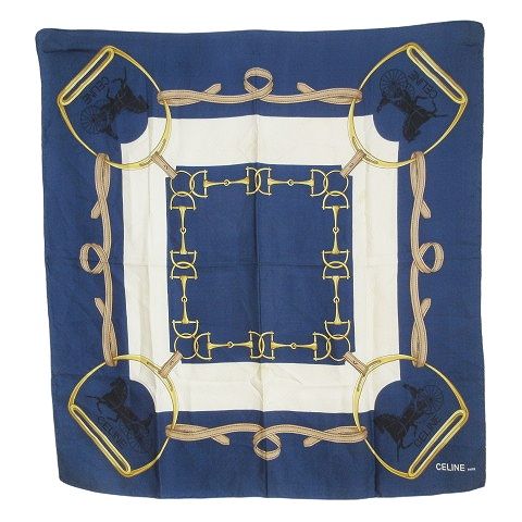 セリーヌ CELINE 大判 スカーフ シルク100% 馬具 青系 ■GY14 X