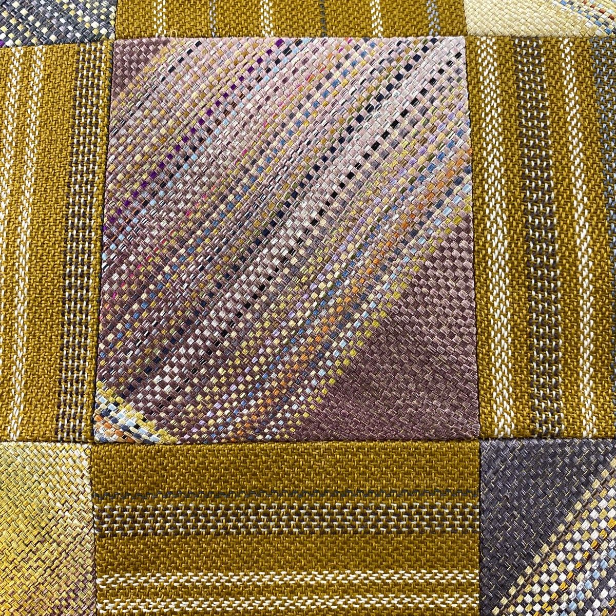 袋帯 秀品 市松市 縞 金銀糸 山吹茶色 お太鼓柄 正絹