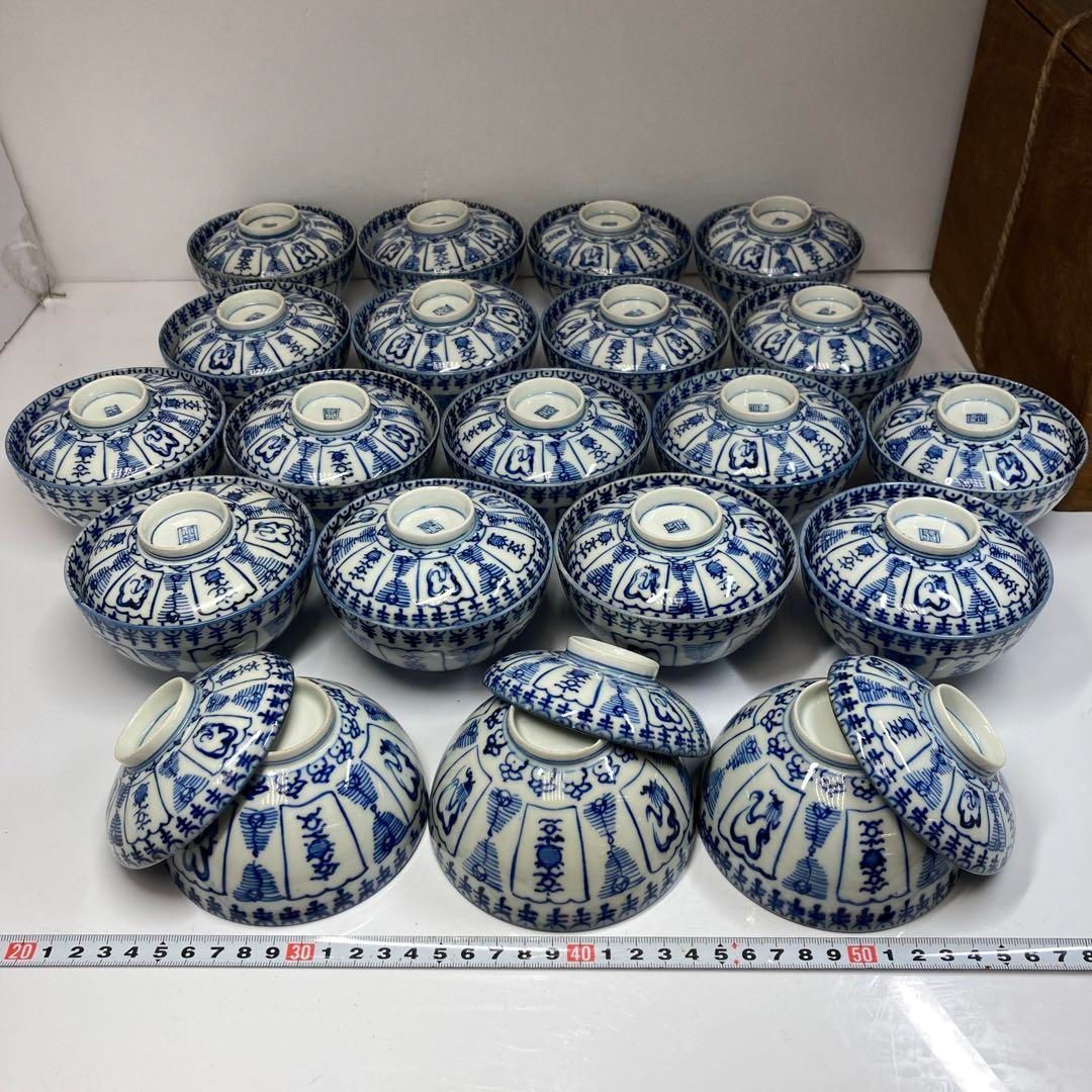 古伊万里 染付蓋茶碗20客 木 直径10.5㎝ 東Y5-0724 トヒニ