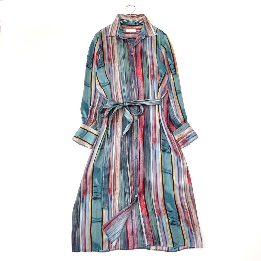 PS Paul Smith ポールスミス マルチストライプ ロングシャツワンピース 共布ベルト付 水彩風マルチストライプ 近年 ジョーゼット