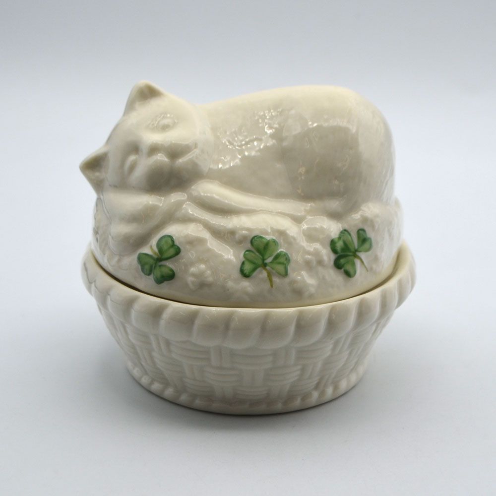 ヴィンテージ 小物入れ トリンケットボックス 猫型 シャムロック Belleek ベリーク アイルランド 2001-2007年頃 24a3119