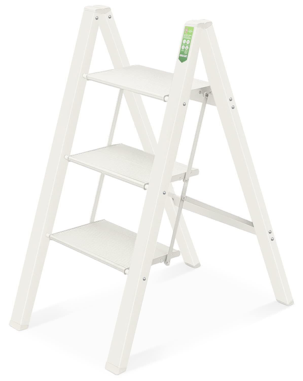 【在庫処分】梯子 耐荷重150KG はしご ステップスツール 滑り止め付き 折りたたみ フォールディング 軽量 ステップ台 脚立 踏み台 (ベージュ アルミ 三段) RIKADE