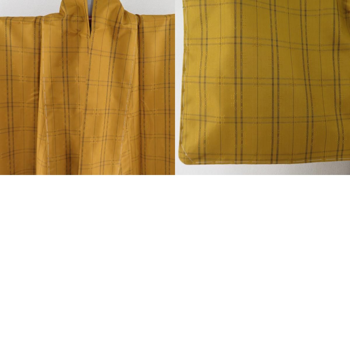 日本通販サイト 紬 着物 浮き織 格子 袷 広衿 黄色 正絹 カジュアル