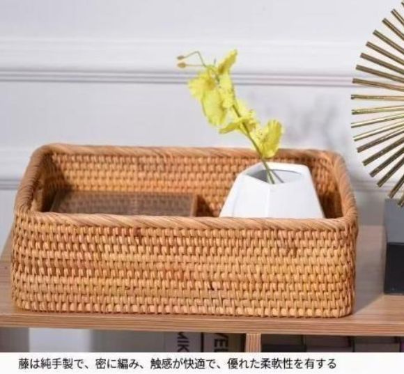 【新品・未使用品】ラタンのカゴ　4個セット！　おしゃれラタンカゴ ラタン製 収納ボックス スクエア 四角かご バスケット 籐