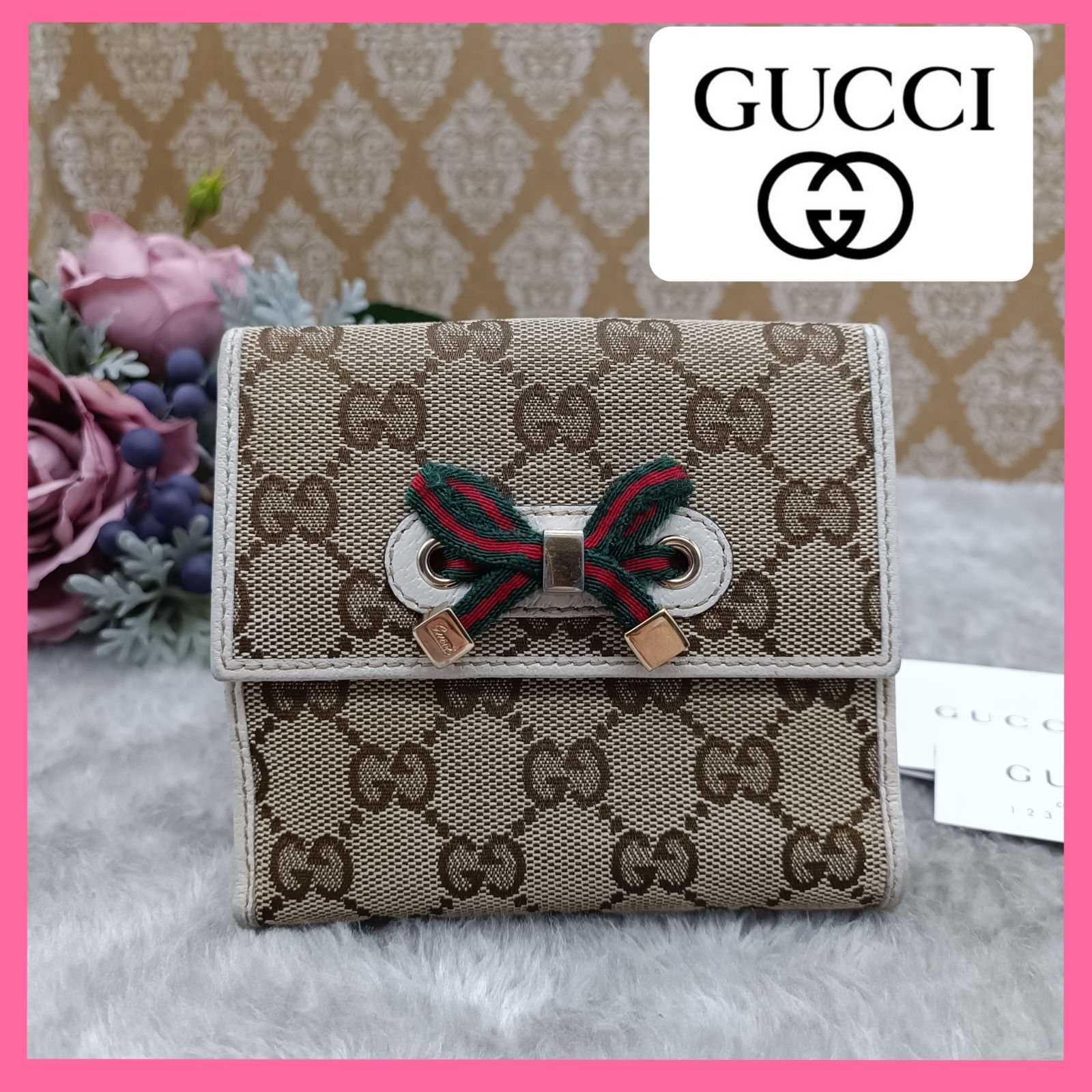 グッチ　折り財布　GGキャンバス　ベージュ　プリンシー　リボン　シェリーライン グッチ折り財布GGキャンバスベージュプリンシーリボンシェリーライン