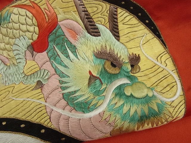 平和屋1□極上 アンティーク 大正ロマン 九寸名古屋帯 手刺繍 龍 金糸