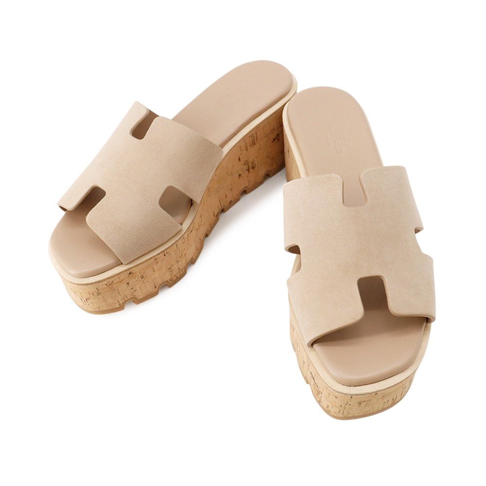 エルメス サンダル エズ30 EZE シェーヴル ヴェロア コルク レディースサイズ37 HERMES 靴 ウェッジソール Hロゴ