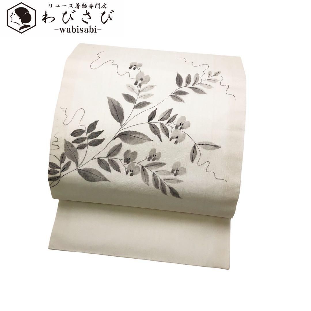 夏帯 名古屋帯 紗紬 手描き 花草模様 乳白色 O-4887 - メルカリ 