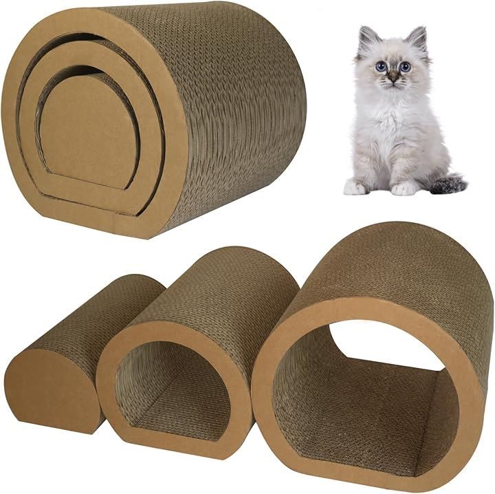 Mycat プレミアム猫トンネル 大型 おしゃれ 折りたたみ式 3個セット 多頭飼い対応 爪とぎ付き 運動不足解消 ストレス発散 隠れ家 トンネル型 キャットトンネル インテリアに馴染む ナチュラルデザイン 段ボール 削りカスが少ない ブラウン