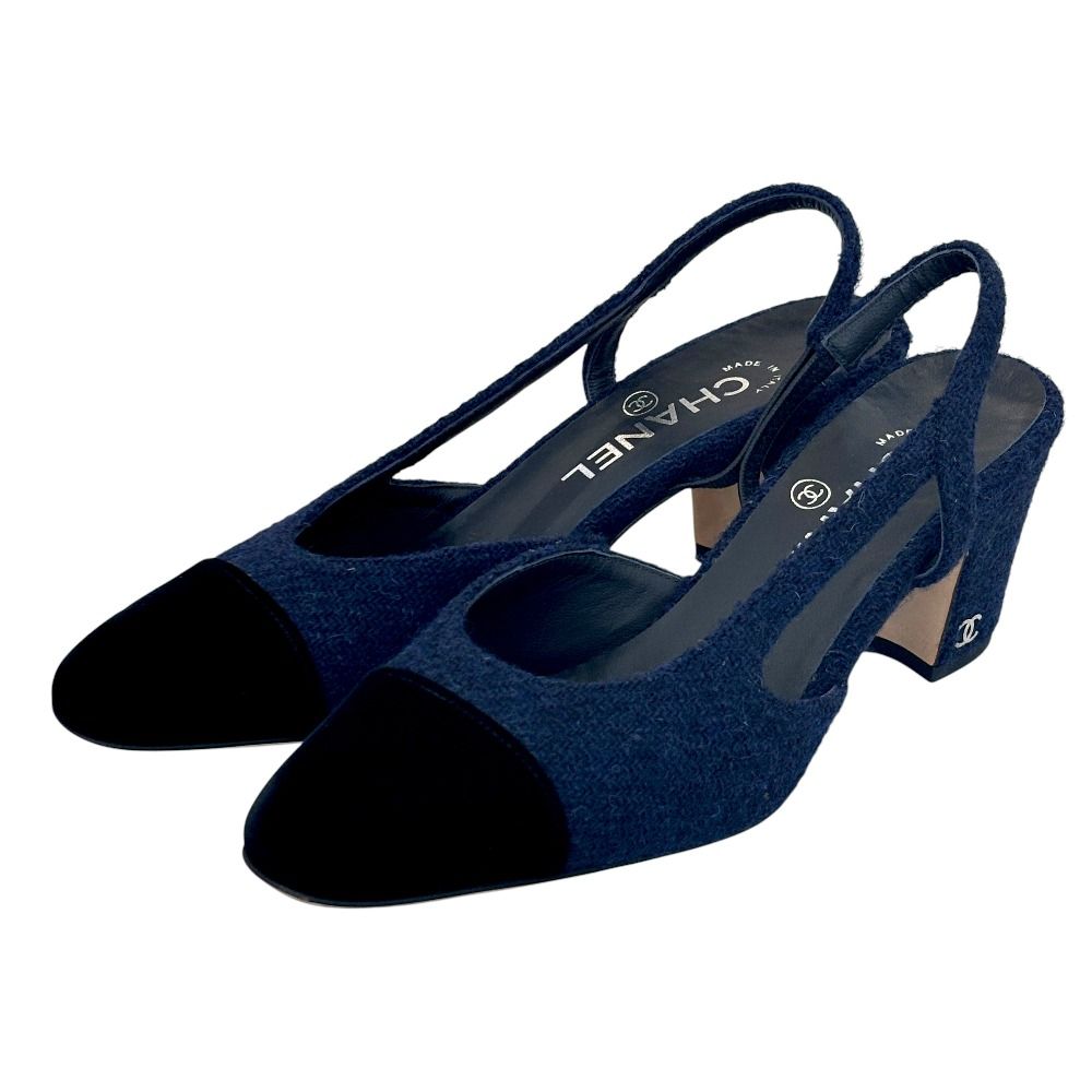 CHANEL シャネル ツイードスリングバック パンプス G31318 36.5 23.5cm程度 ネイビー ブラック レディース 古着