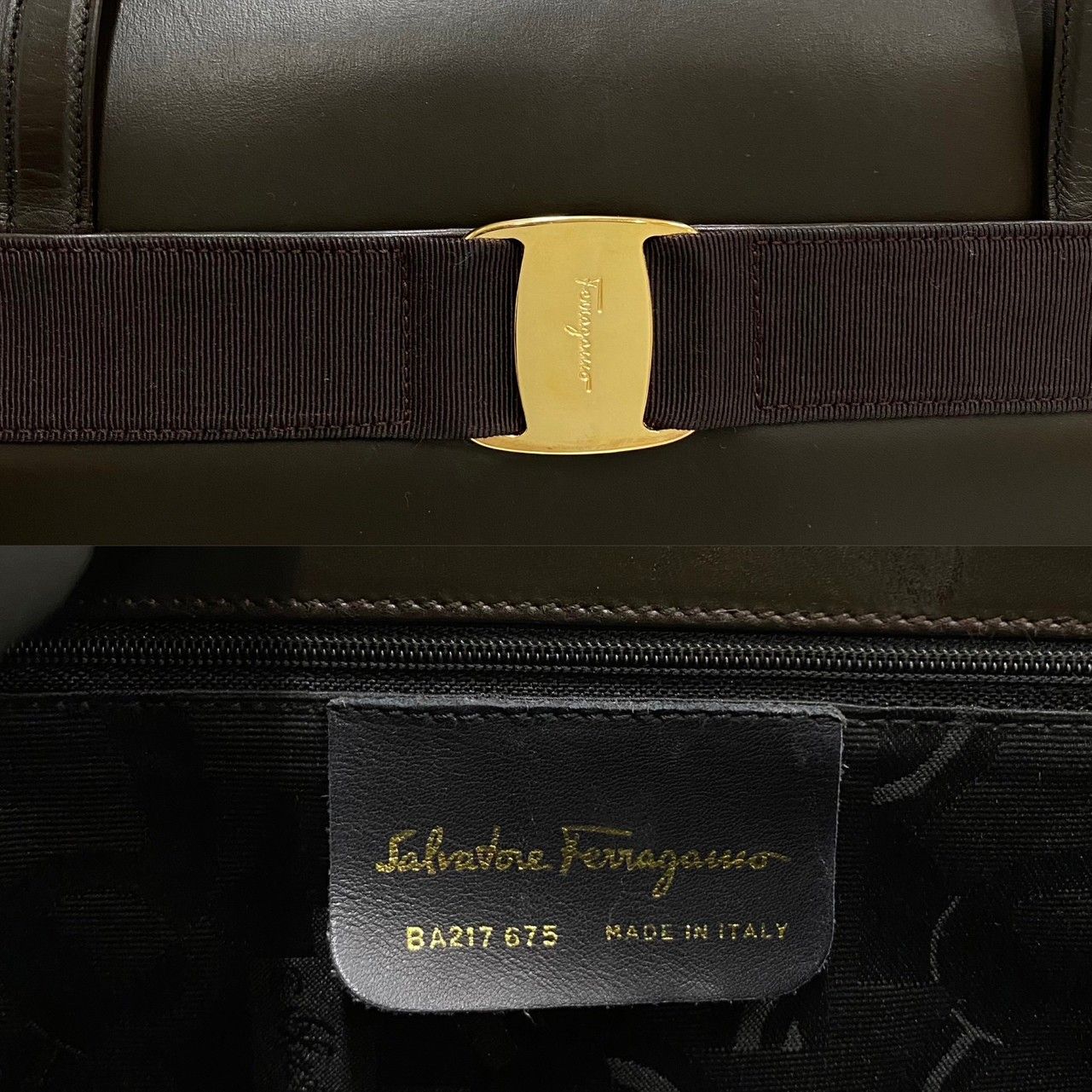 極 美品 袋 箱付 Salvatore Ferragamo フェラガモ ヴァラ ロゴ 金具 レザー 本革 ハンドバッグ ミニ トートバッグ ブラウン 99377