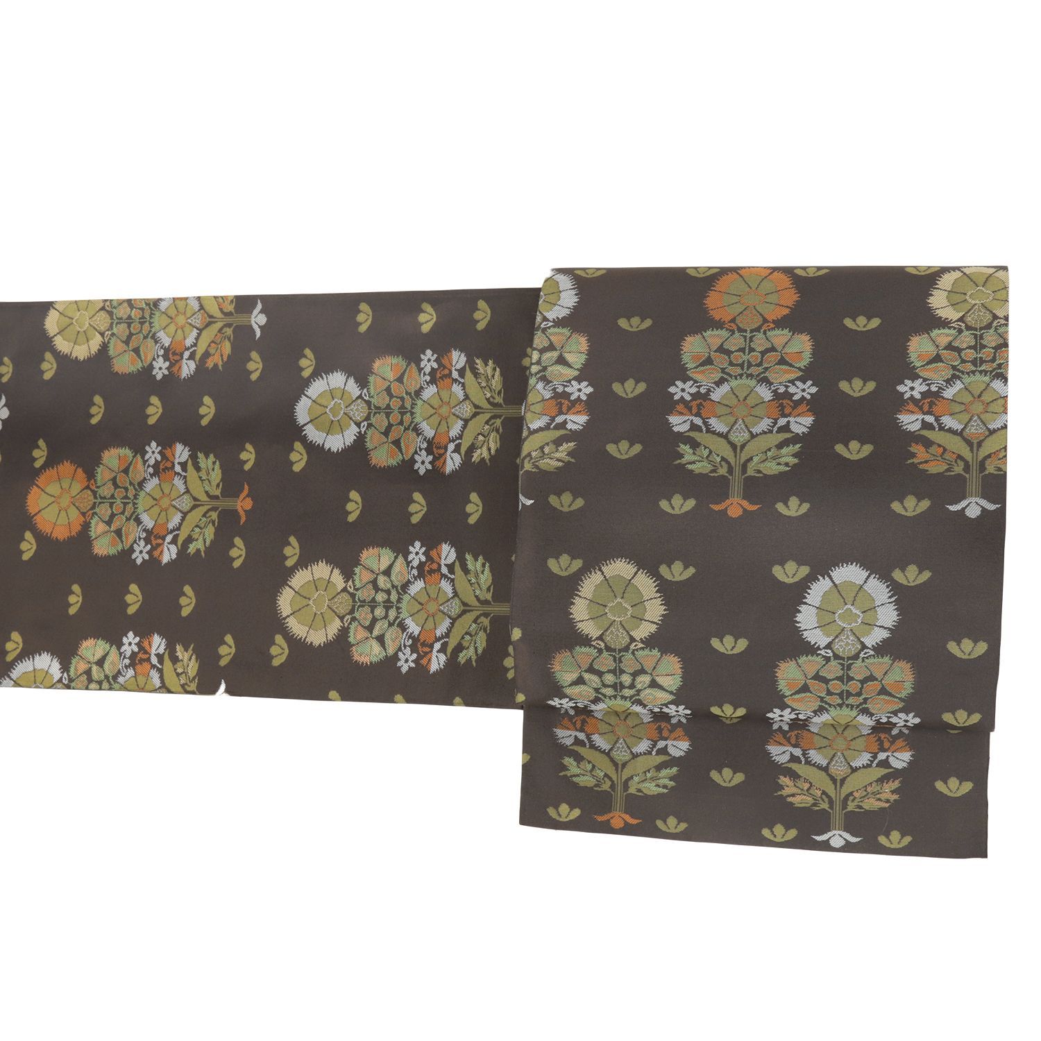 袋帯 カジュアル 中古 茶色 花 西陣織 工芸帯 手織 洒落袋帯 