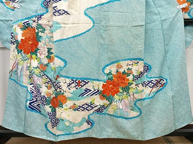 豪華振袖　駒刺繍　絞り　花筏文　正絹　逸品 平和屋着物□豪華振袖 駒刺繍 総絞り 草花文 やまと誂製 正絹