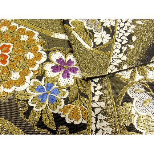 袋帯 振袖用 USED 正絹 仕立て上がり 金×黒 花紋 No17 六通柄 振袖用  