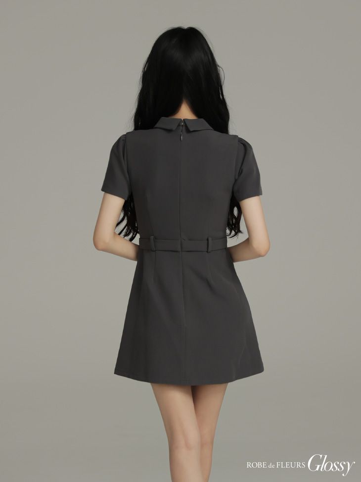 ブラウン GL4617-BE-2509 XS-Lサイズあり ROBE de FLEURS Glossy|ローブドフルール グロッシー 半袖| シャツカラー| ウエストベルト| フ | ミニドレス| キャバドレス