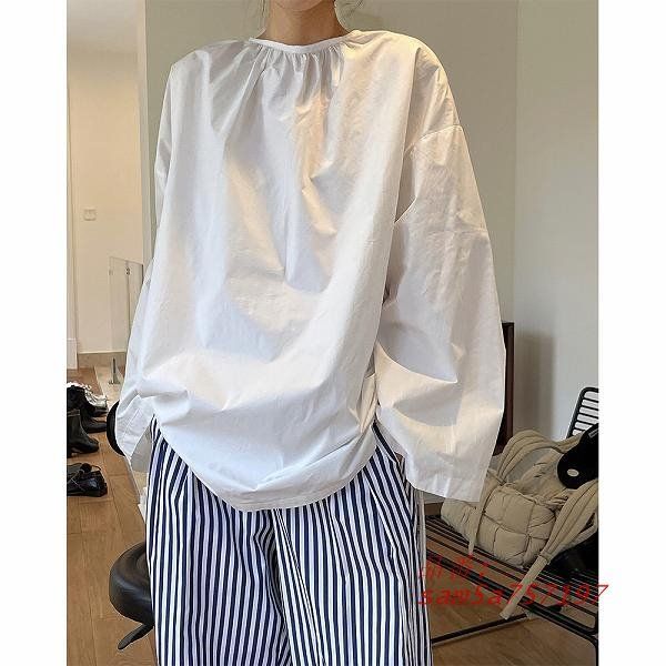 オープンシャツ サイドギャザー 長袖 ブラウス コットンシャツ ナチュラル 女子会 ほっそり効果大 20代30代40代50代60代 am5a757197